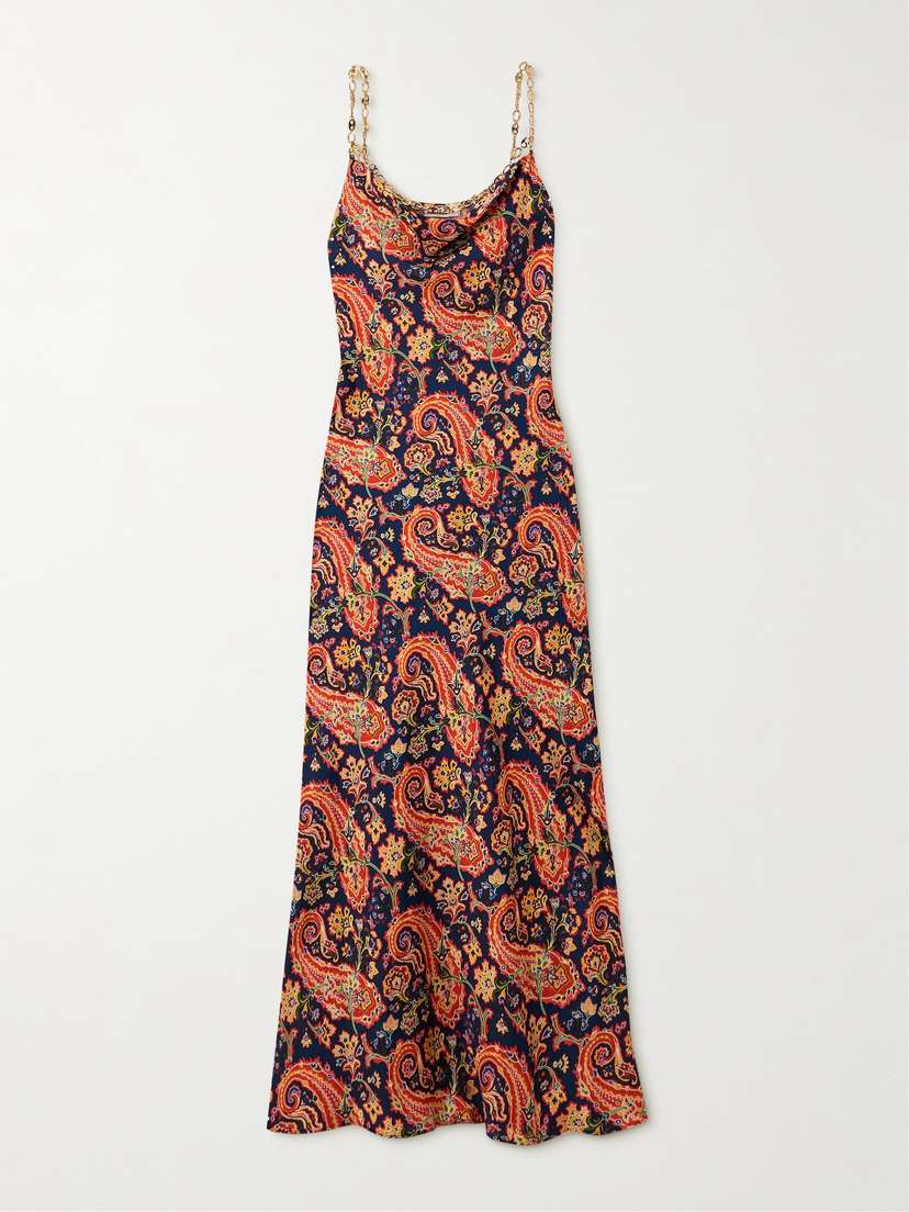 Rabanne Chainmail-embellished Paisley-print Satin Maxi Dress
