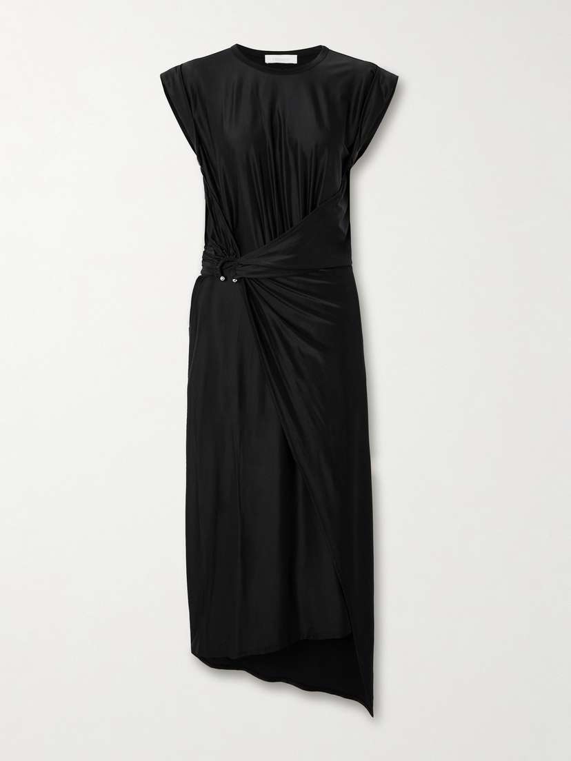 Rabanne Embellished Asymmetric Draped Satin-jersey Midi Dress