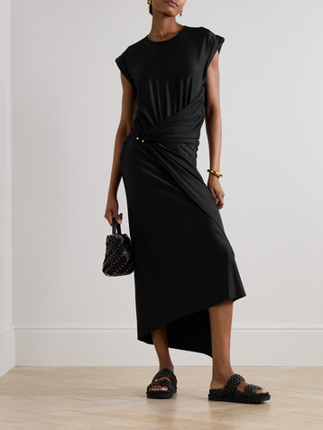 Rabanne Embellished asymmetric draped satin-jersey midi dress