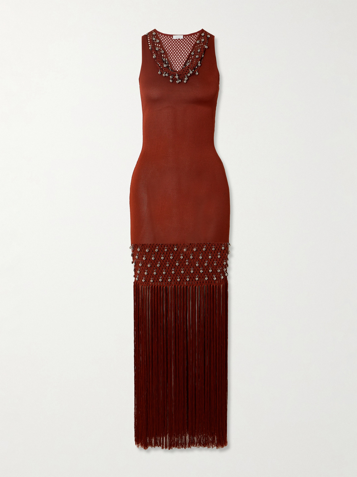 Rabanne Fringed Embellished Crocheted Cotton Maxi Dress In Red
