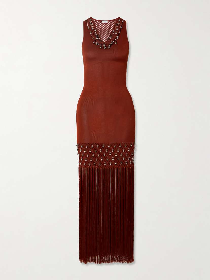 Rabanne Fringed Embellished Crocheted Cotton Maxi Dress