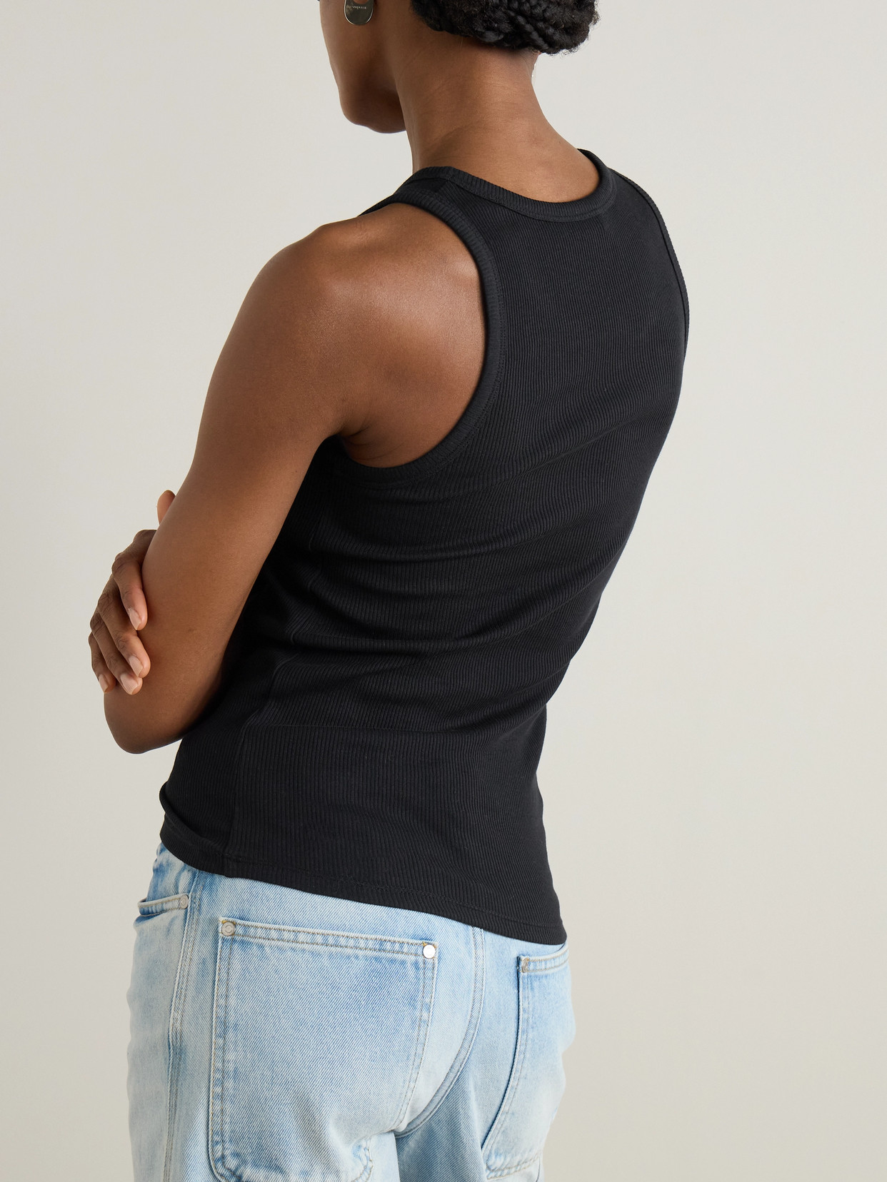 Embellished Gathered Ribbed Stretch-Cotton Jersey Tank