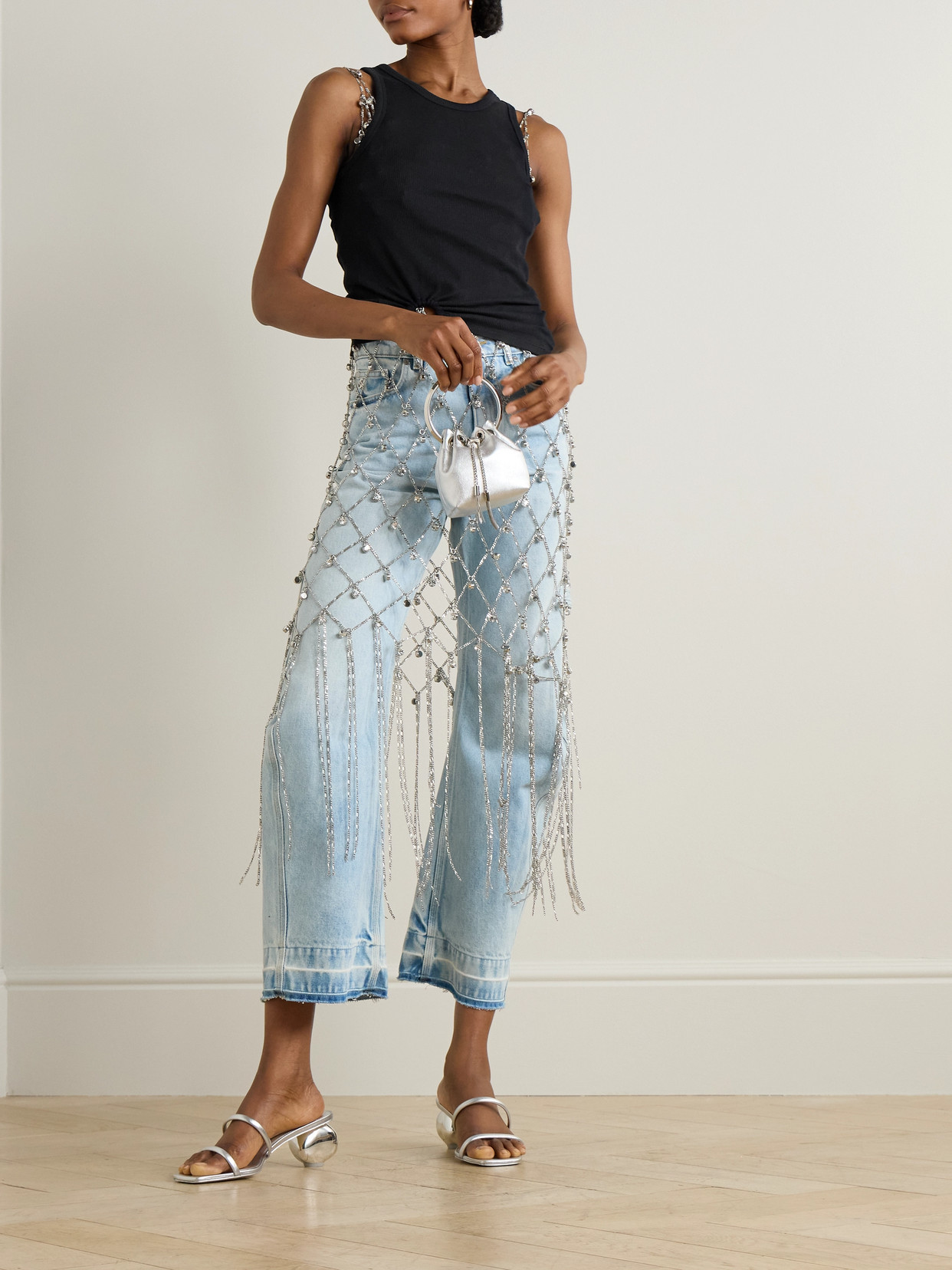 Embellished Gathered Ribbed Stretch-Cotton Jersey Tank