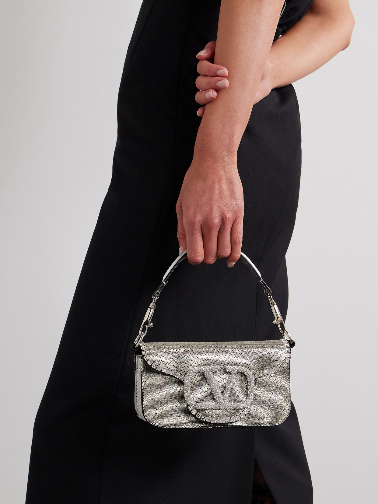 Valentino Locò Vlogo Small Embellished Leather Shoulder Bag In Silver