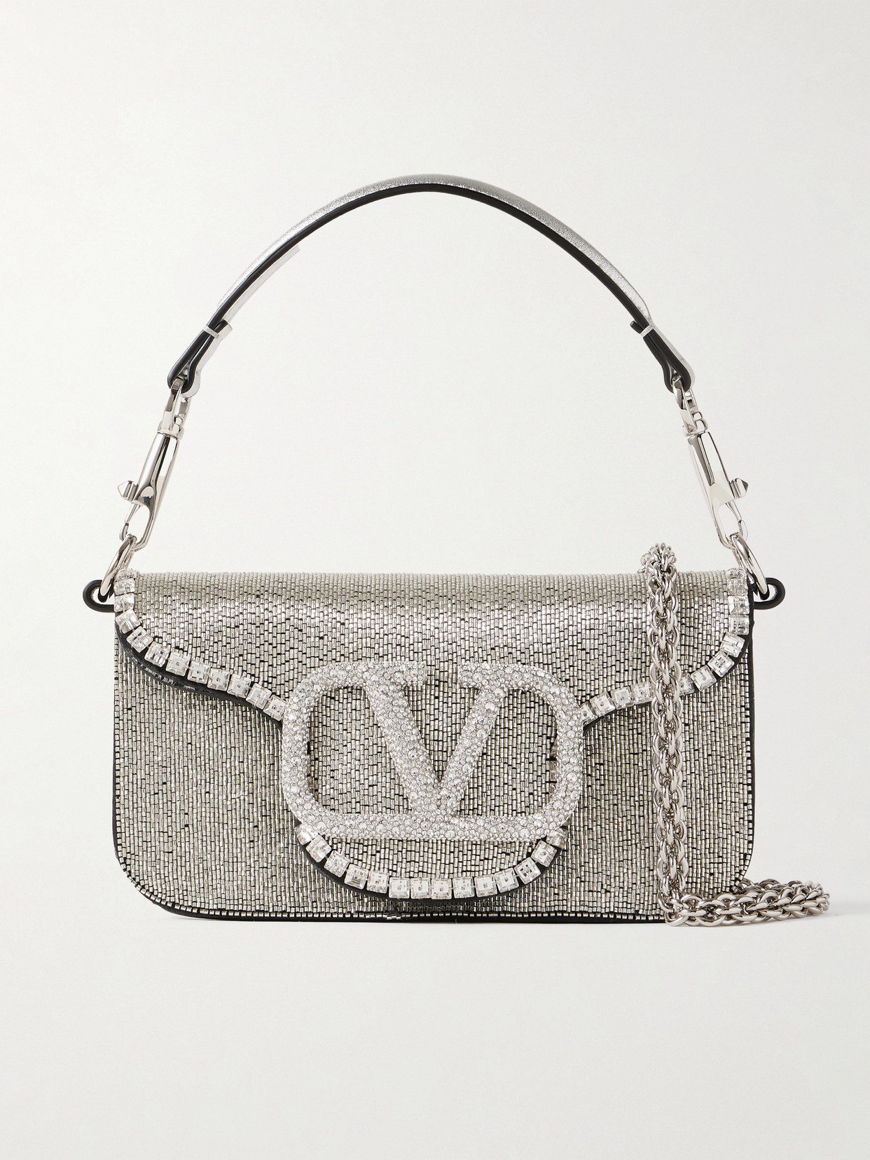 Valentino Locò Vlogo Small Embellished Leather Shoulder Bag In Silver
