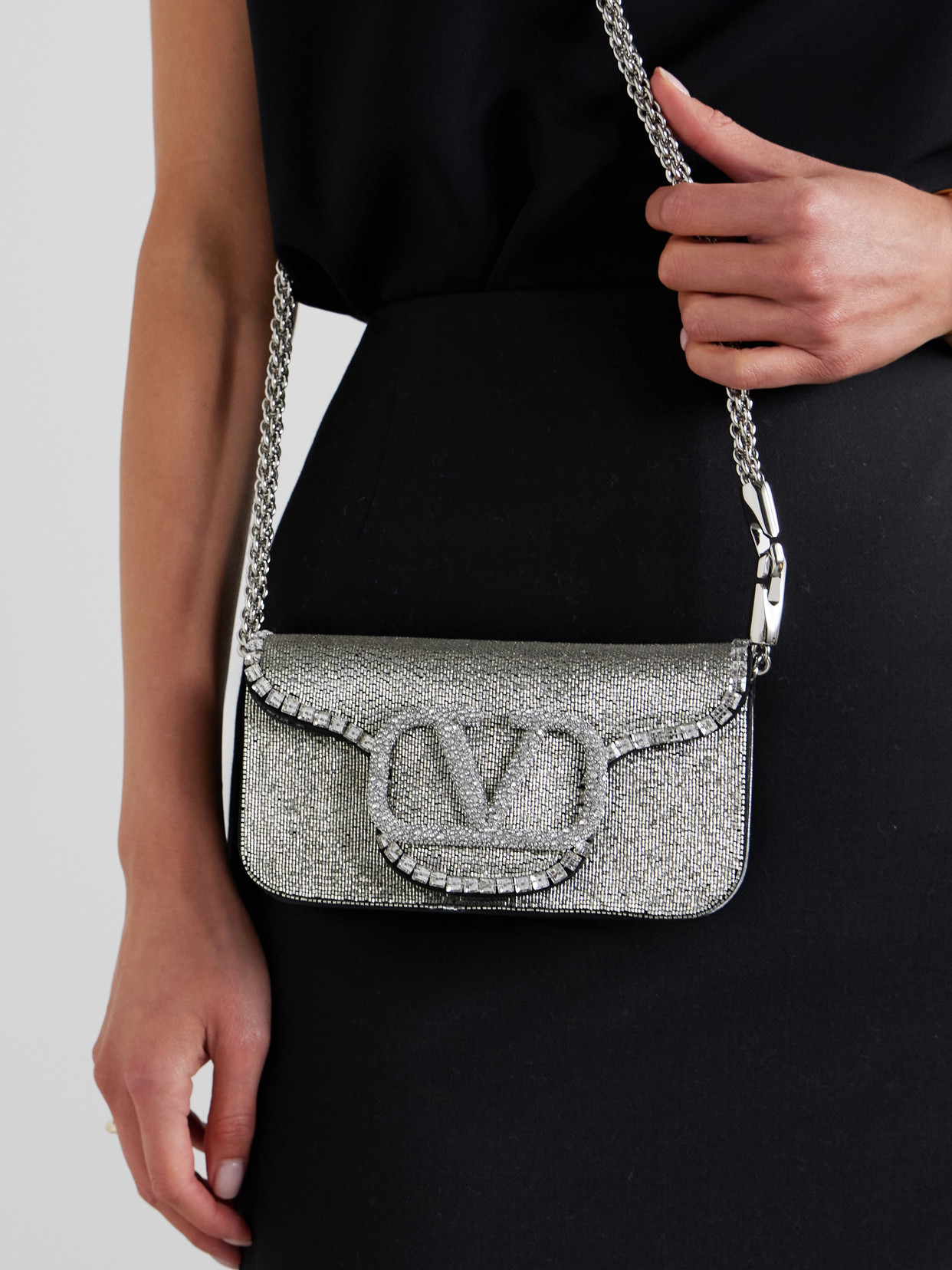 Valentino Locò Vlogo Small Embellished Leather Shoulder Bag In Silver