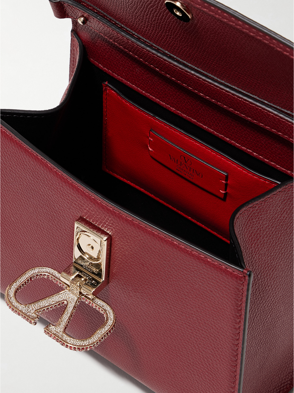 Valentino Vsling Mini Crystal-embellished Textured-leather Shoulder Bag In Burgundy