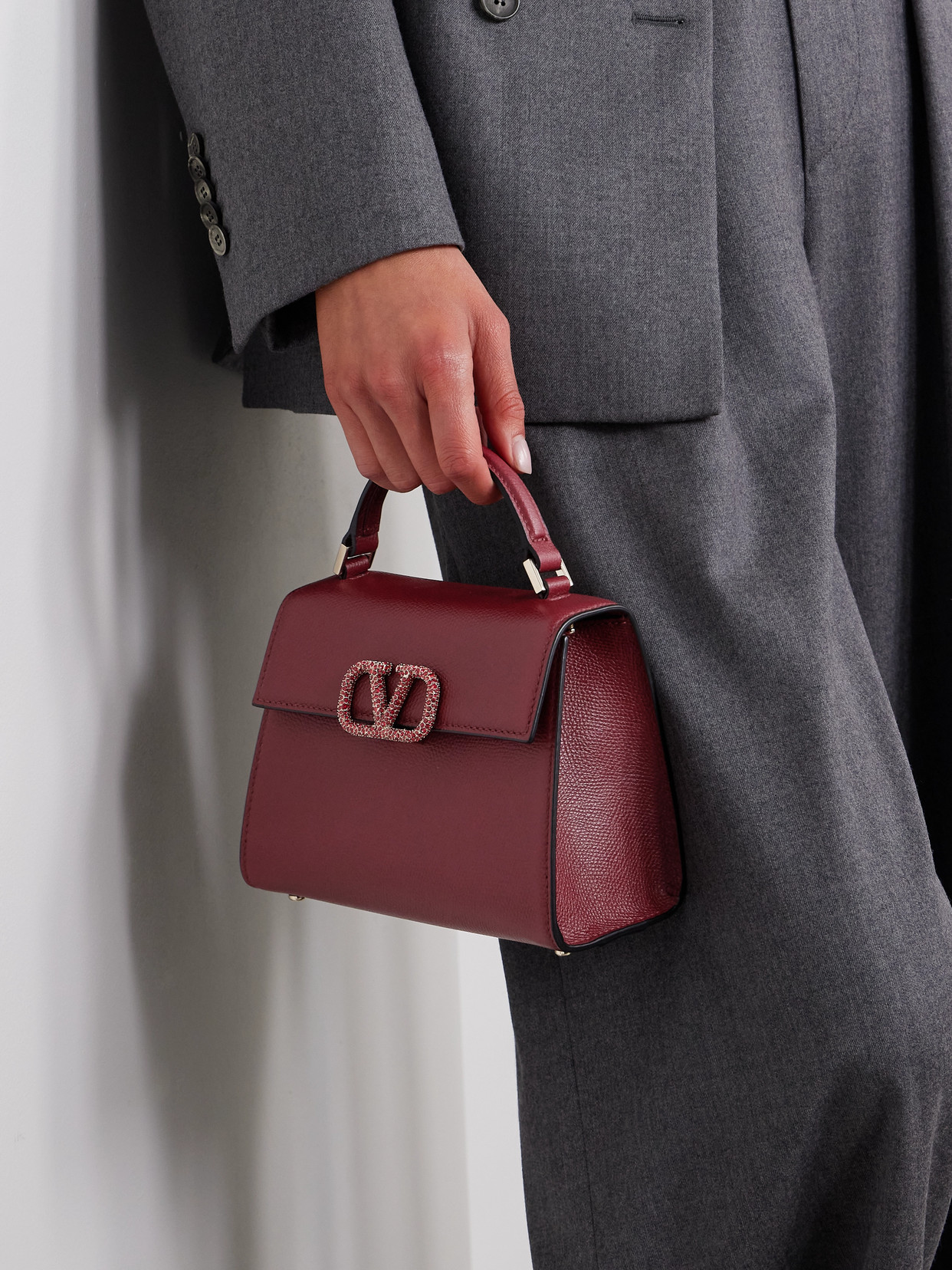 Valentino Vsling Mini Crystal-embellished Textured-leather Shoulder Bag In Burgundy