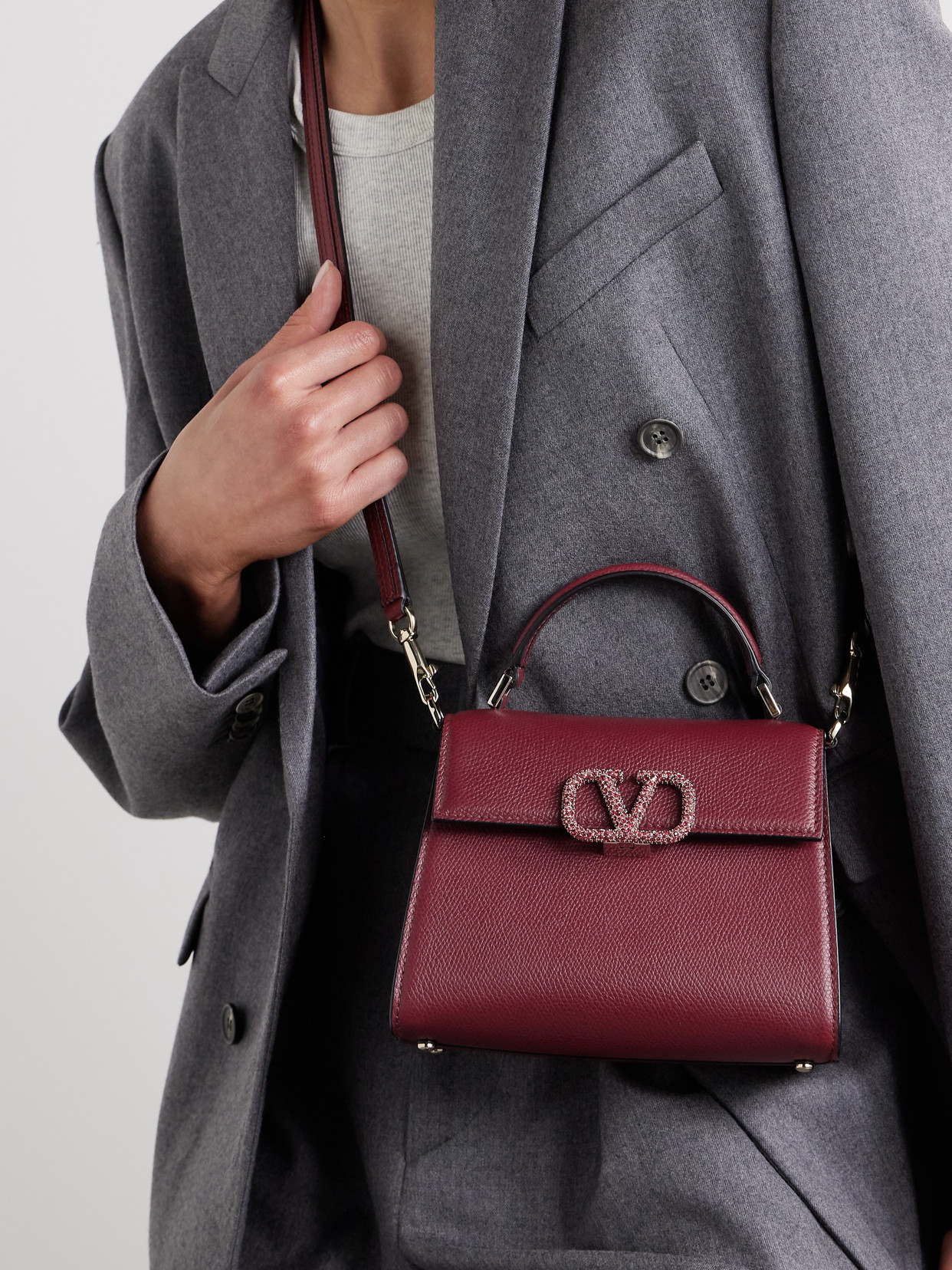 Valentino Vsling Mini Crystal-embellished Textured-leather Shoulder Bag In Burgundy
