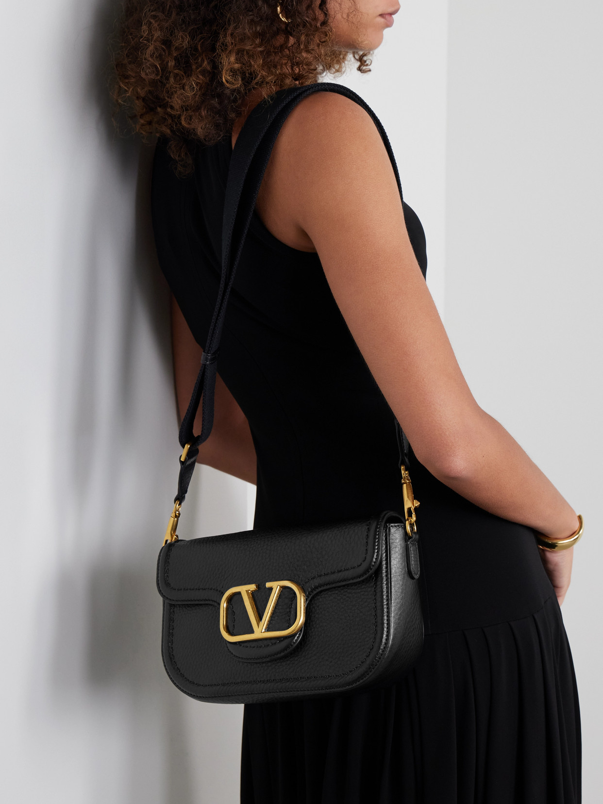 Valentino Vlogo Embellished Textured-leather Shoulder Bag In Black