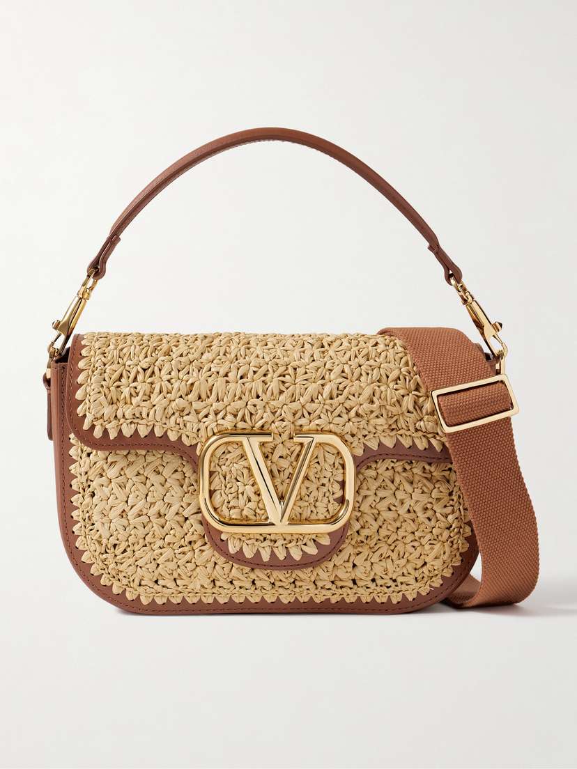 Valentino Garavani Alltime Leather And Webbing-trimmed Faux Raffia Shoulder Bag