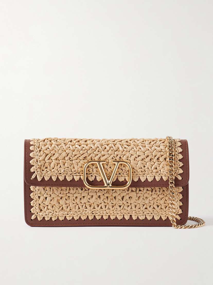 Valentino Garavani Vlogo Leather-trimmed Raffia Clutch