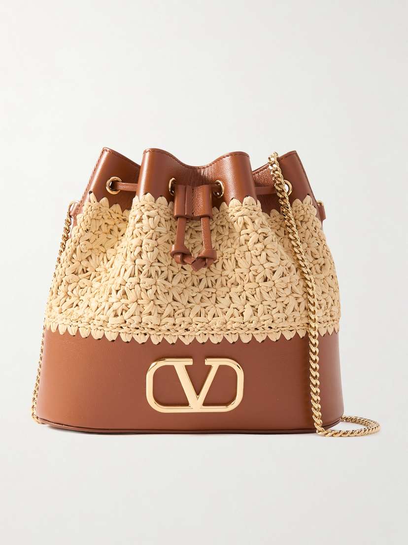 Valentino Garavani Vlogo Mini Leather And Woven Raffia Bucket Bag