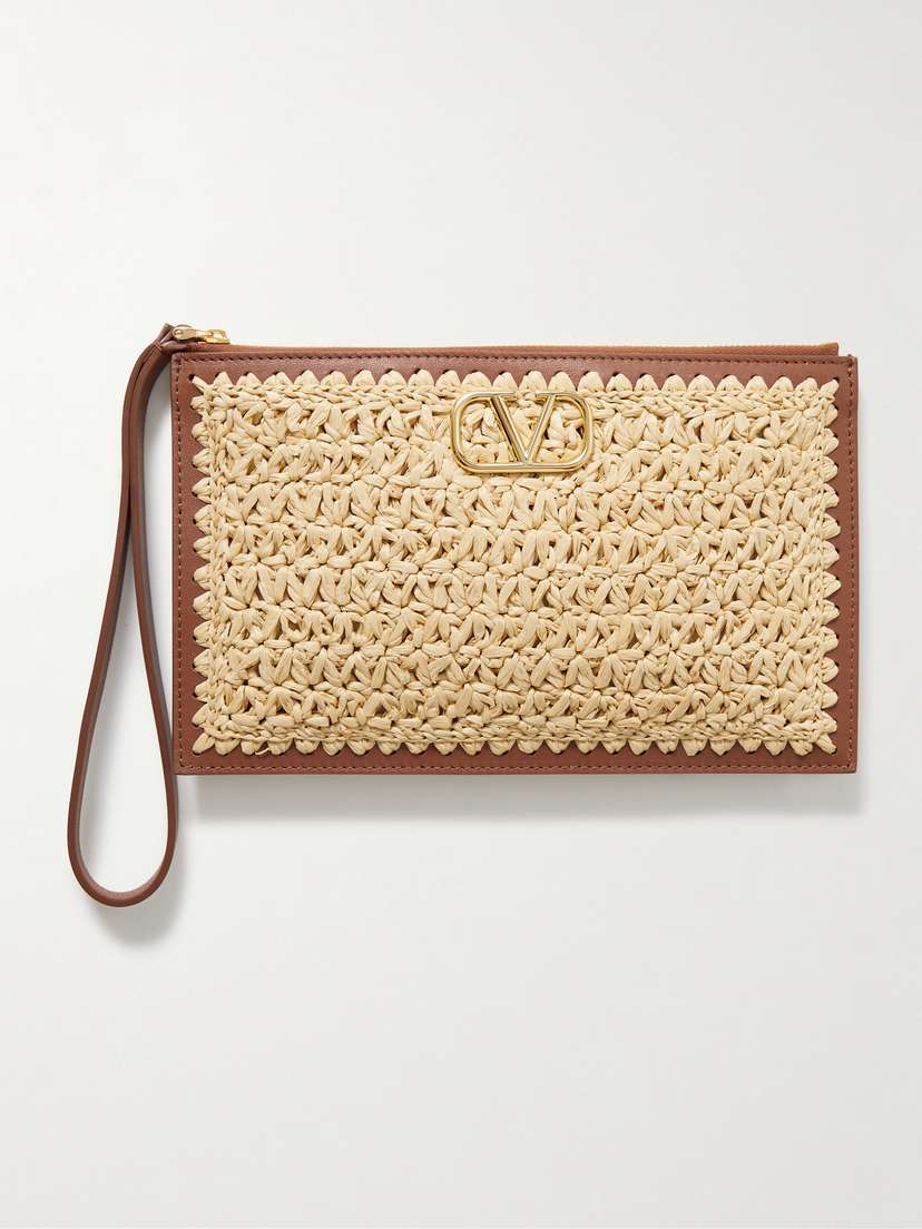 Valentino Garavani Vlogo Leather-trimmed Raffia Clutch