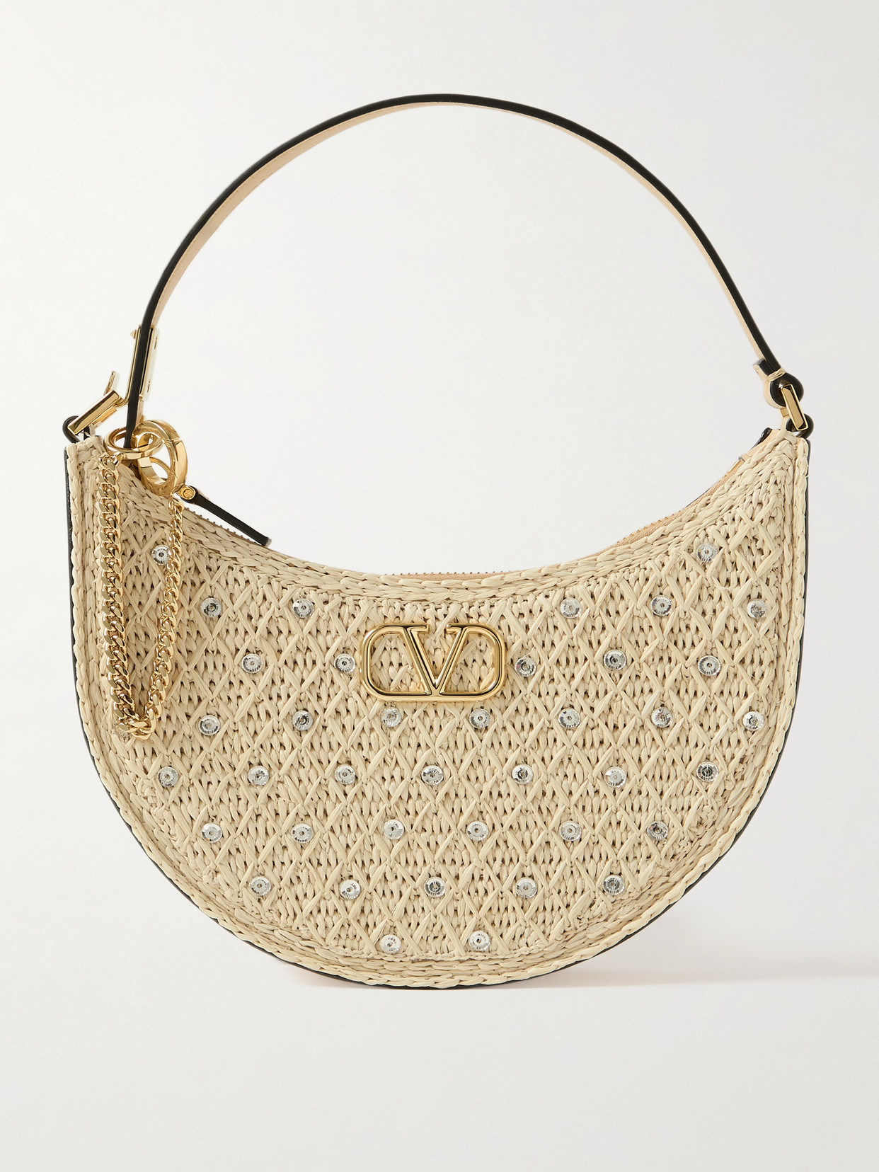 Valentino Garavani Vlogo Signature Mini Embellished Raffia And Leather Shoulder Bag In Neutral