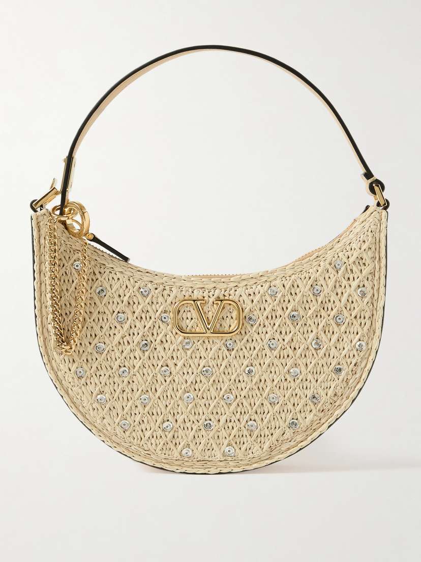 Valentino Garavani Vlogo Signature Mini Embellished Raffia And Leather Shoulder Bag