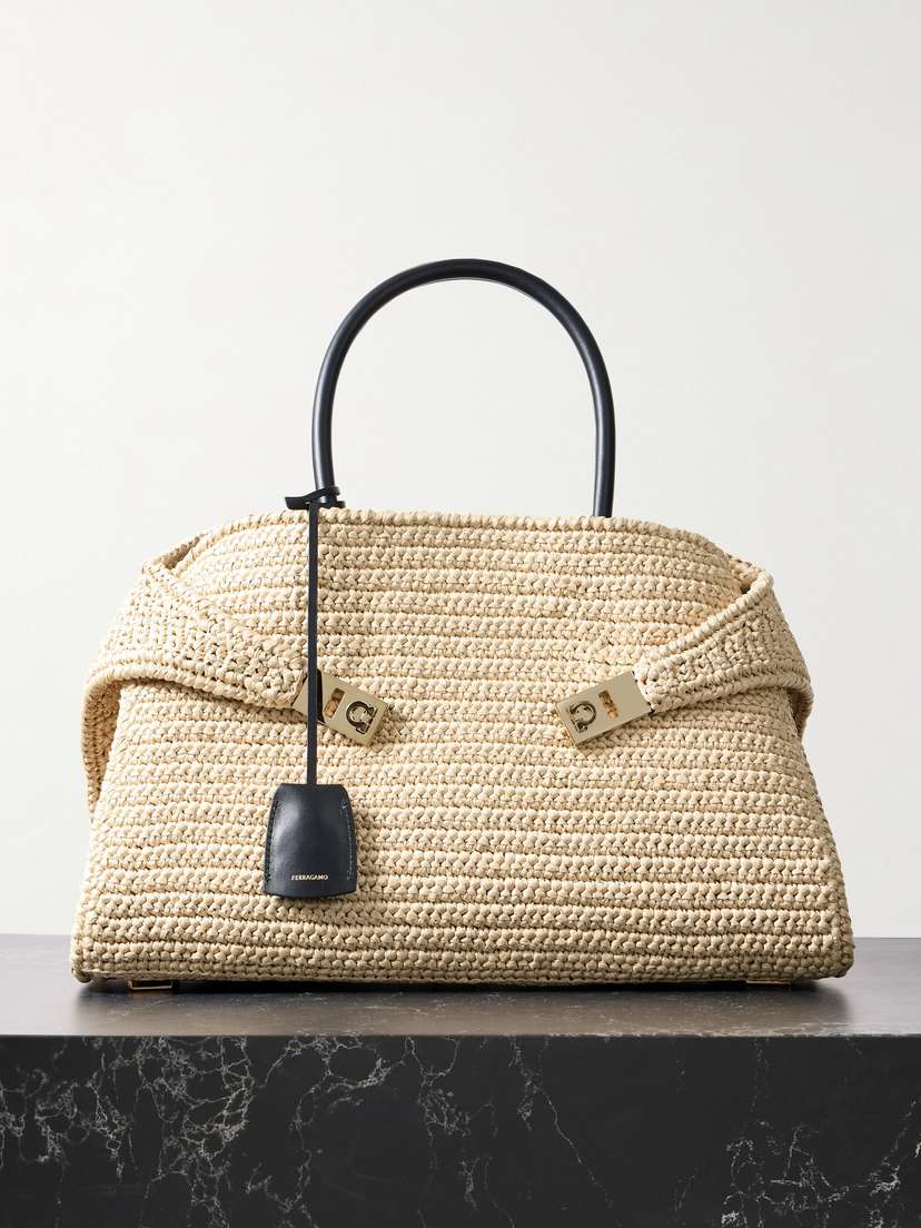 Ferragamo Hug Medium Leather-trimmed Raffia Tote