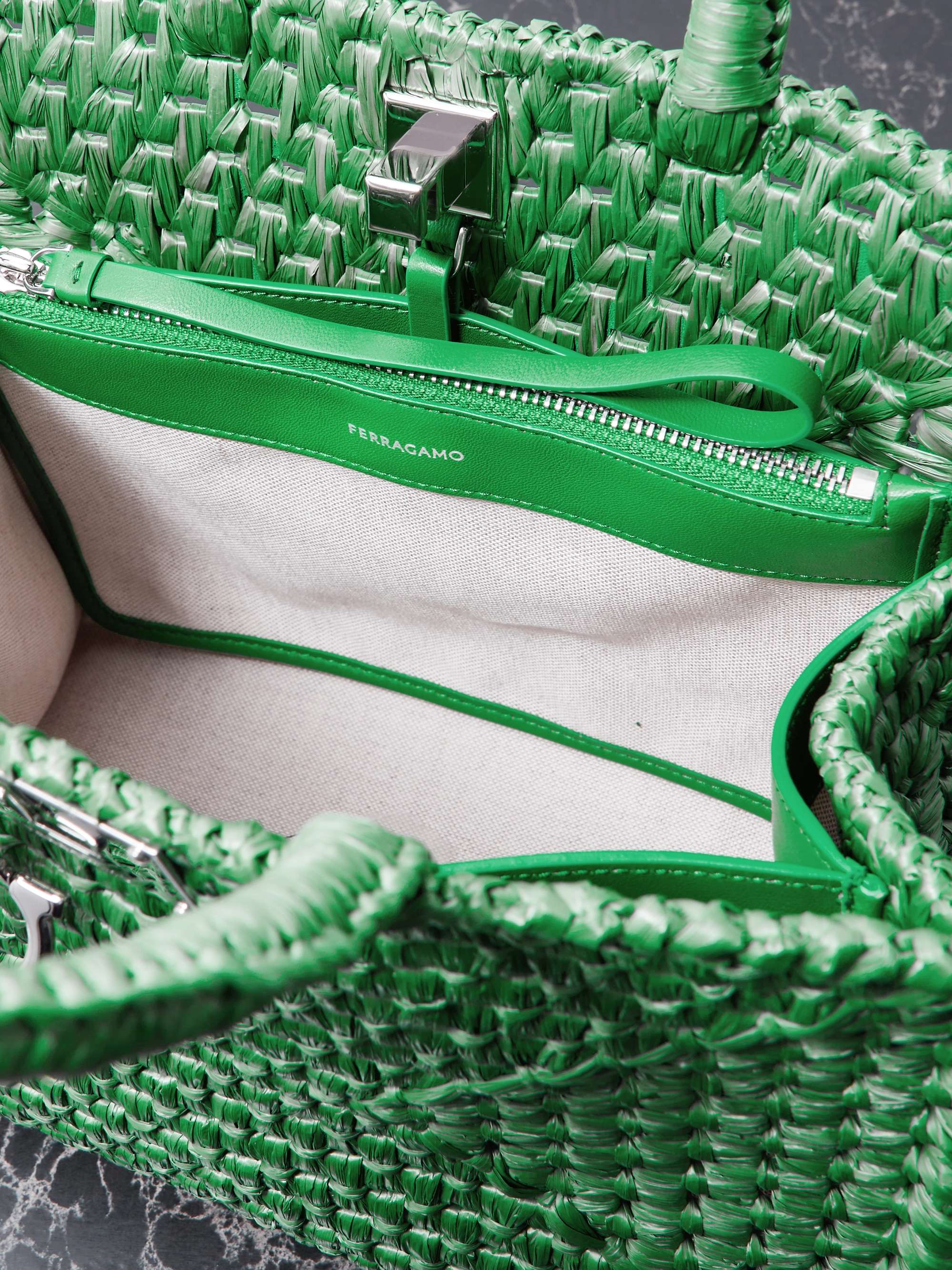 FERRAGAMO The Studio Basket leather-trimmed woven raffia tote