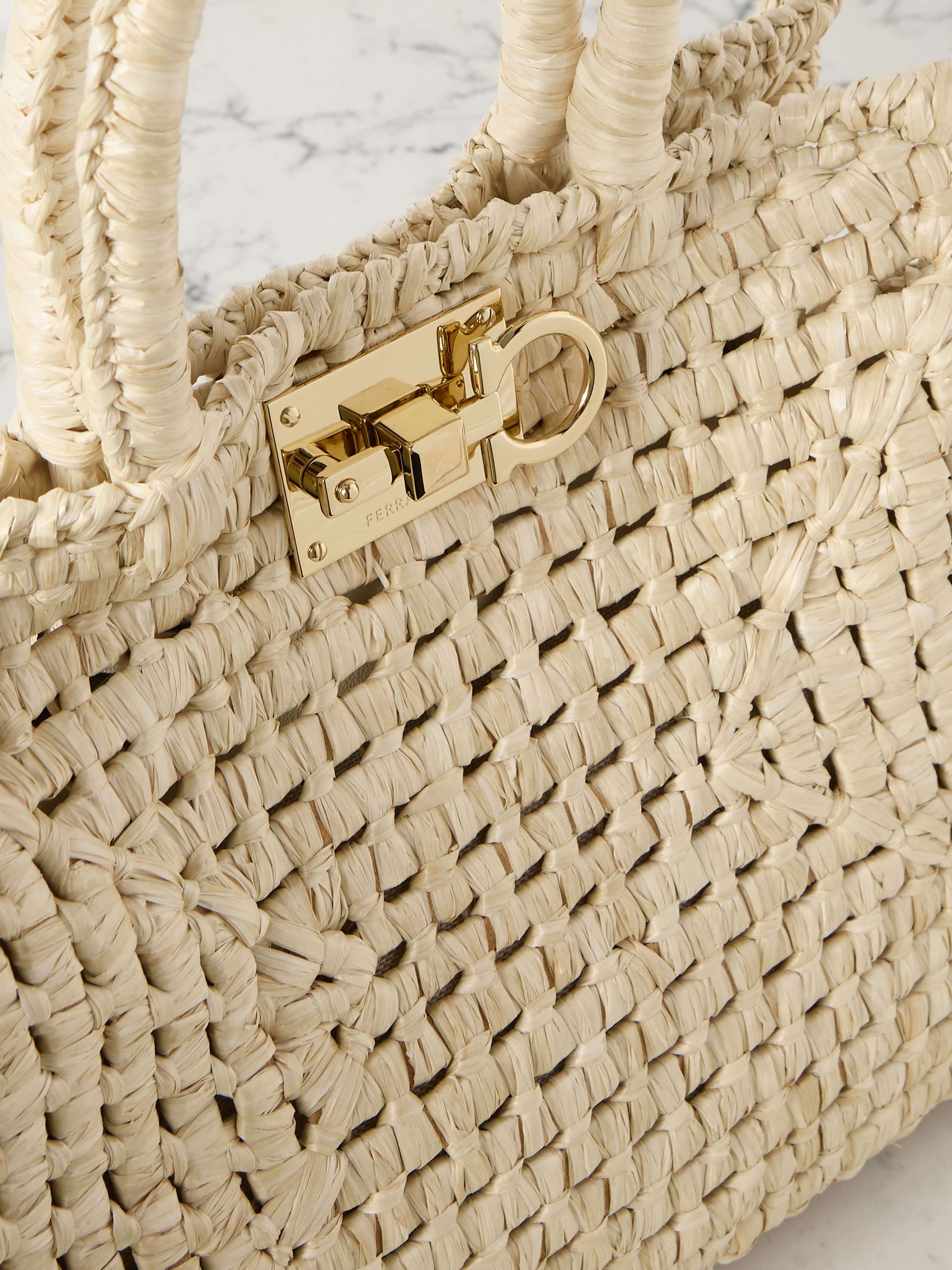 FERRAGAMO The Studio Basket leather-trimmed woven raffia tote