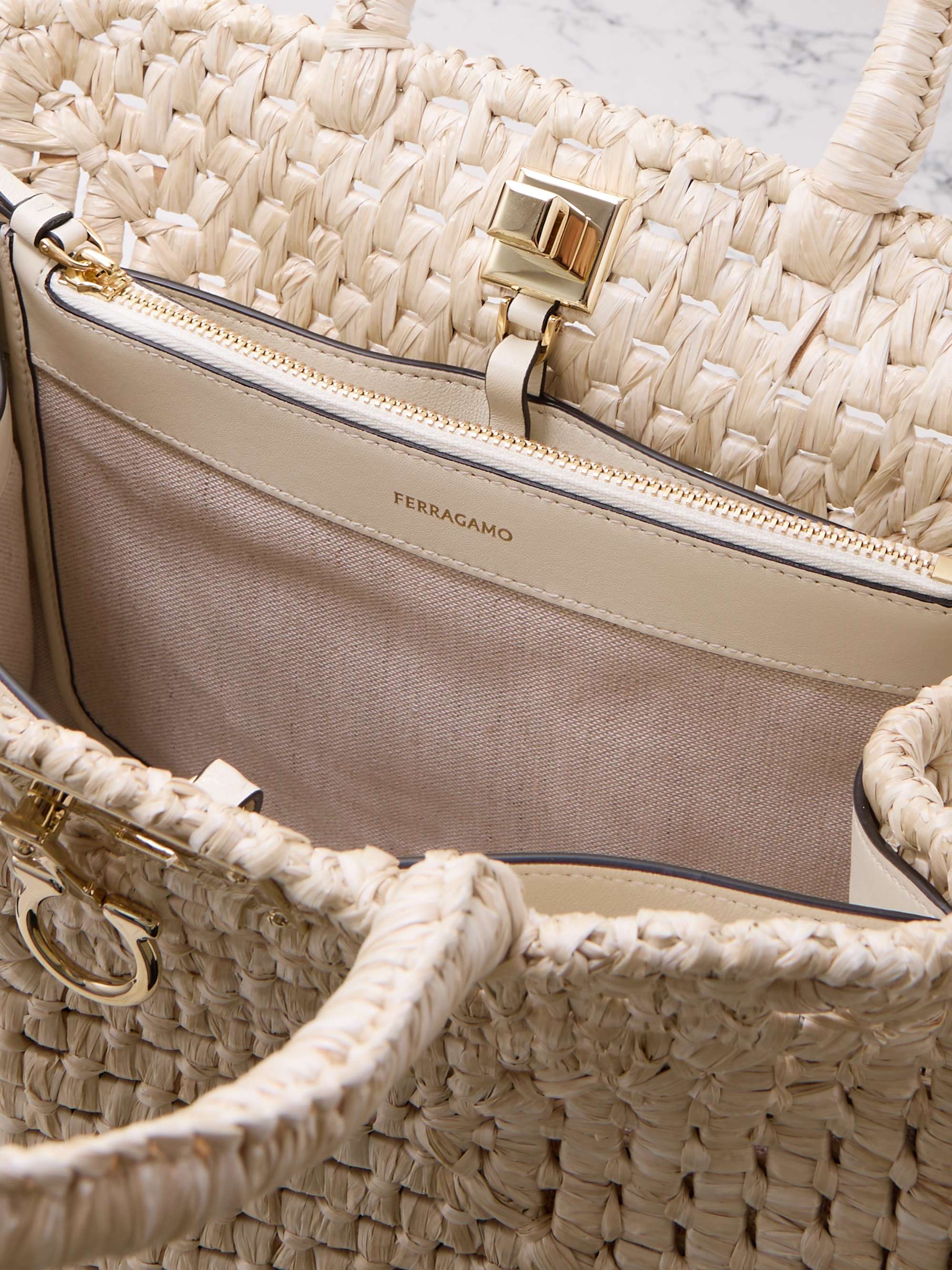 FERRAGAMO The Studio Basket leather-trimmed woven raffia tote