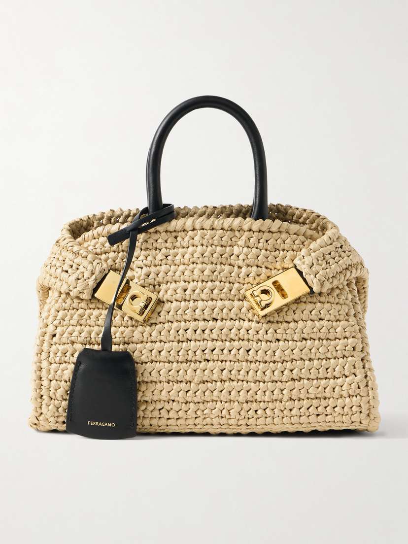 Ferragamo Hug Mini Leather-trimmed Raffia Tote