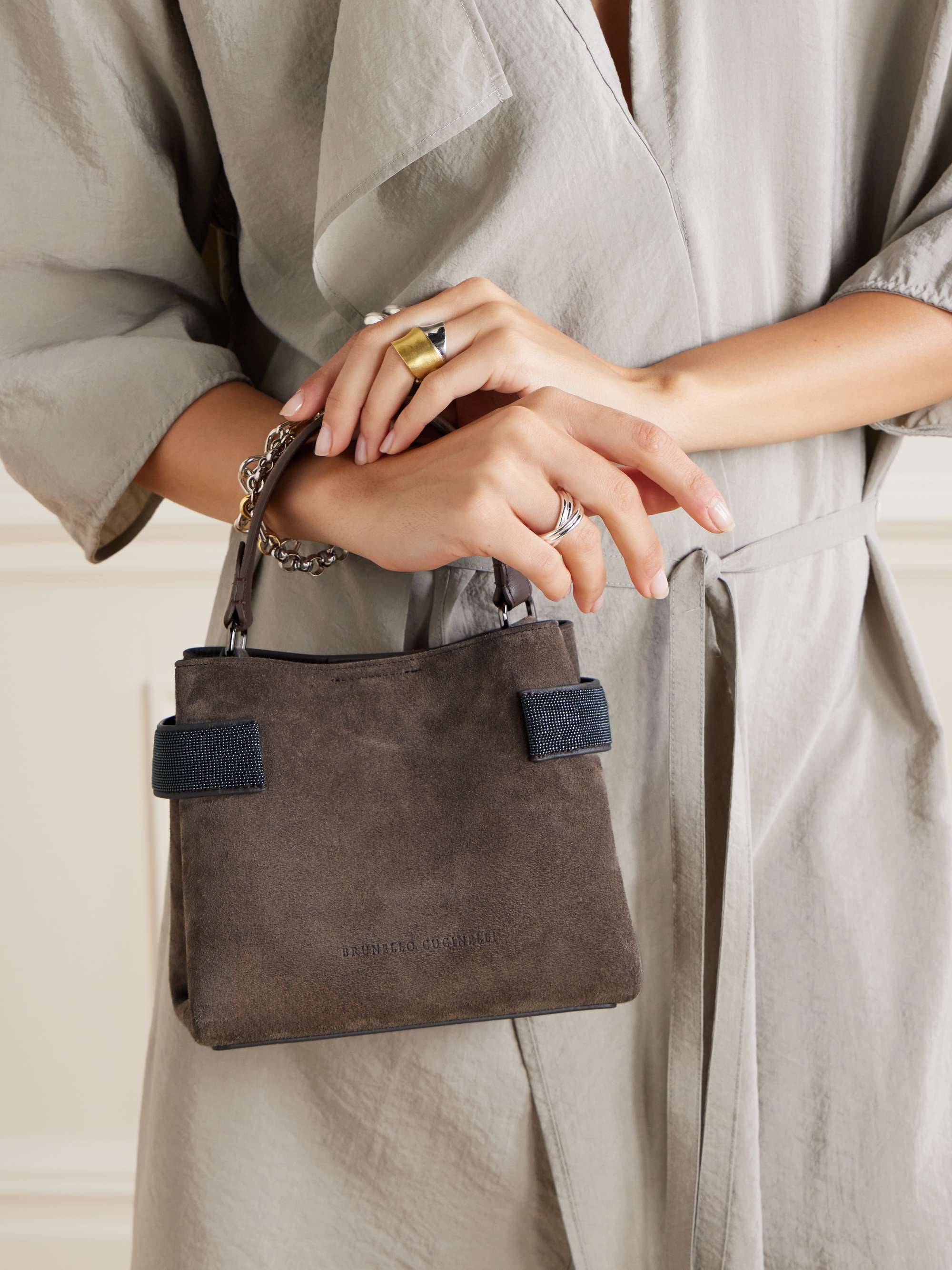 BRUNELLO CUCINELLI Bead-embellished suede shoulder bag