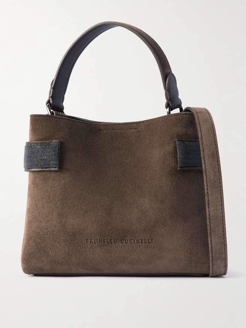 Brunello Cucinelli Bead-embellished Leather-trimmed Suede Shoulder Bag