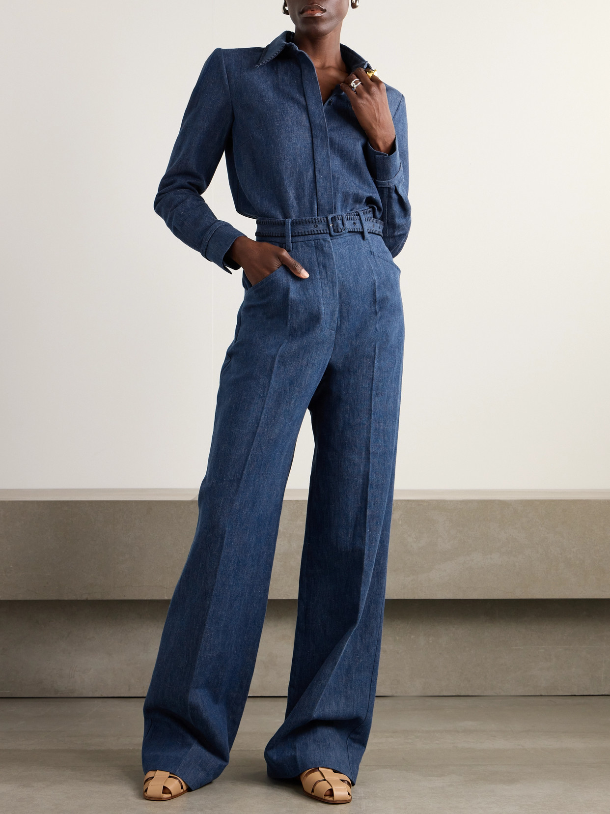 Gabriela Hearst Norman Belted Cotton And Linen-blend Wide-leg Pants In Blue
