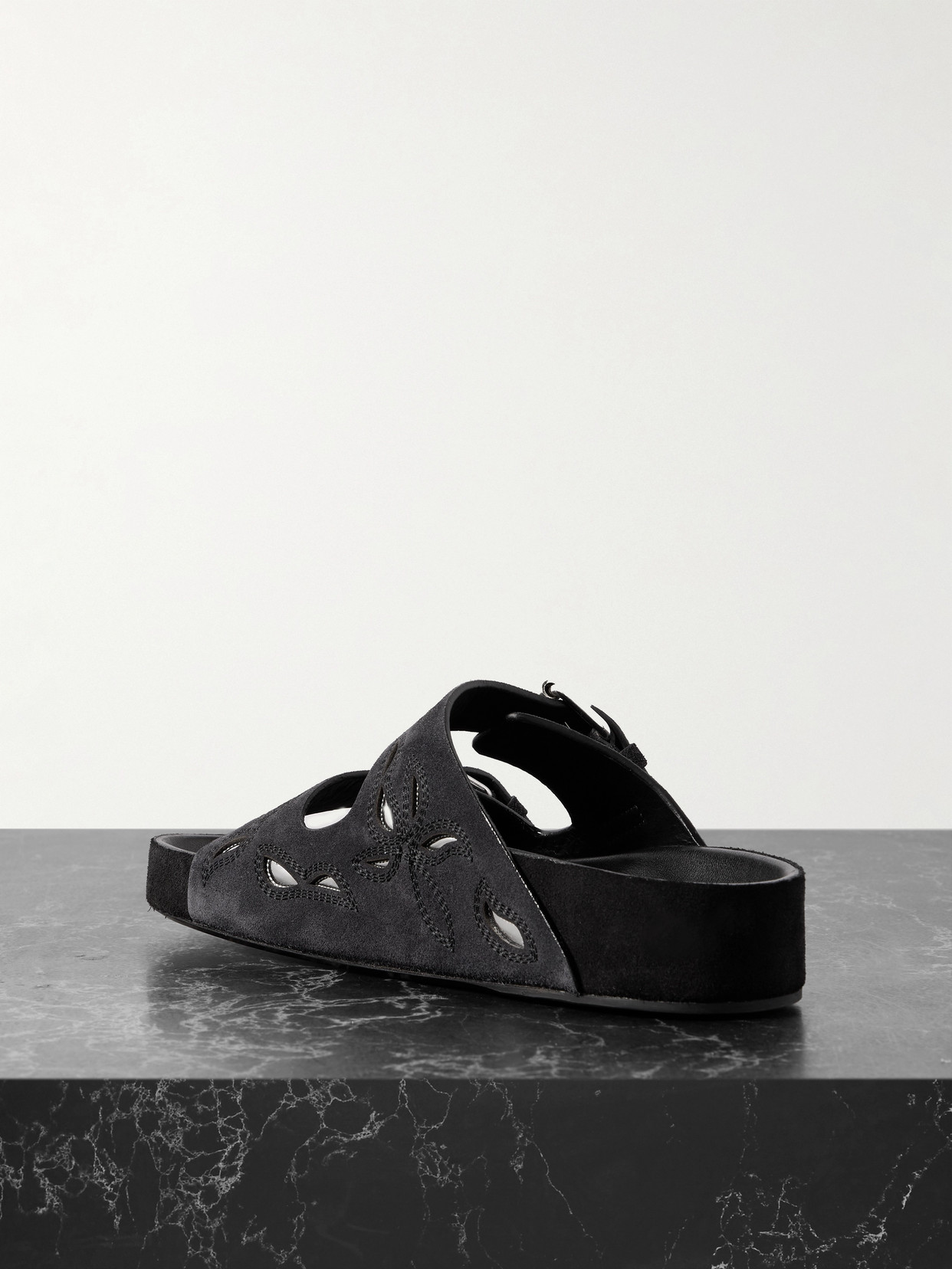 ISABEL MARANT LENNYO EMBROIDERED CUTOUT SUEDE SLIDES
