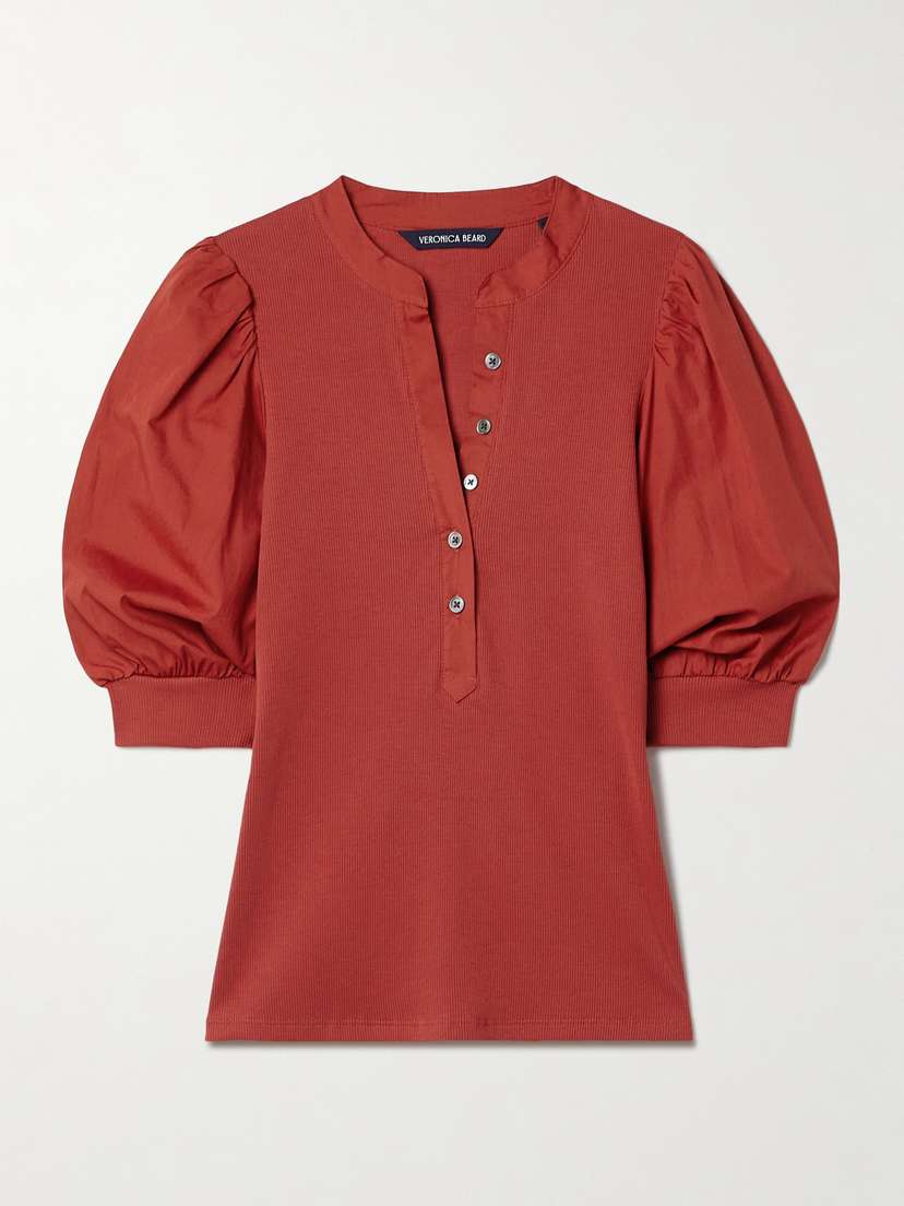 Veronica Beard Coralee Ribbed Pima Cotton-blend Jersey And Poplin Top