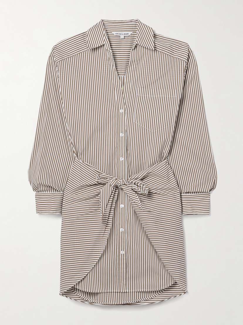 Veronica Beard Roanoke Tie-front Striped Cotton-blend Poplin Mini Shirt Dress