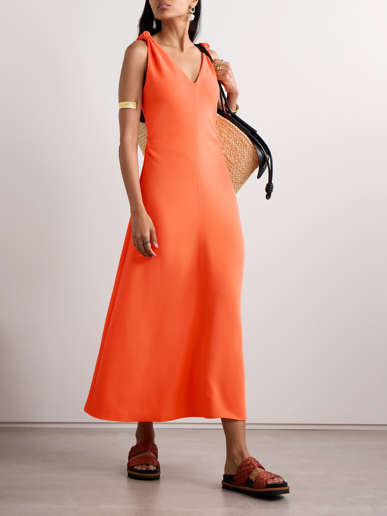 La Ligne Knotted Crepe Midi Dress In Orange