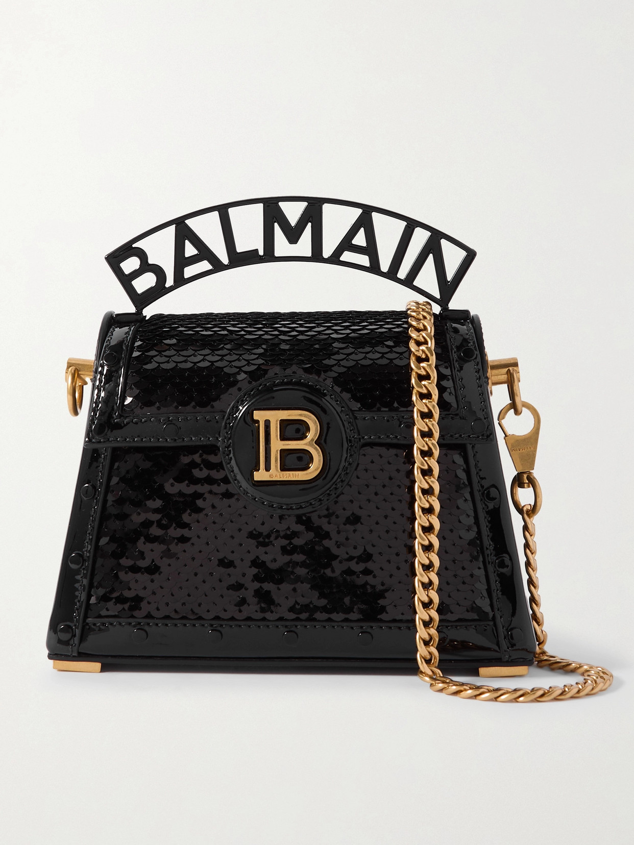 Balmain B-buzz Dynasty Small Sequin-embellished Patent-leather Tote In Black