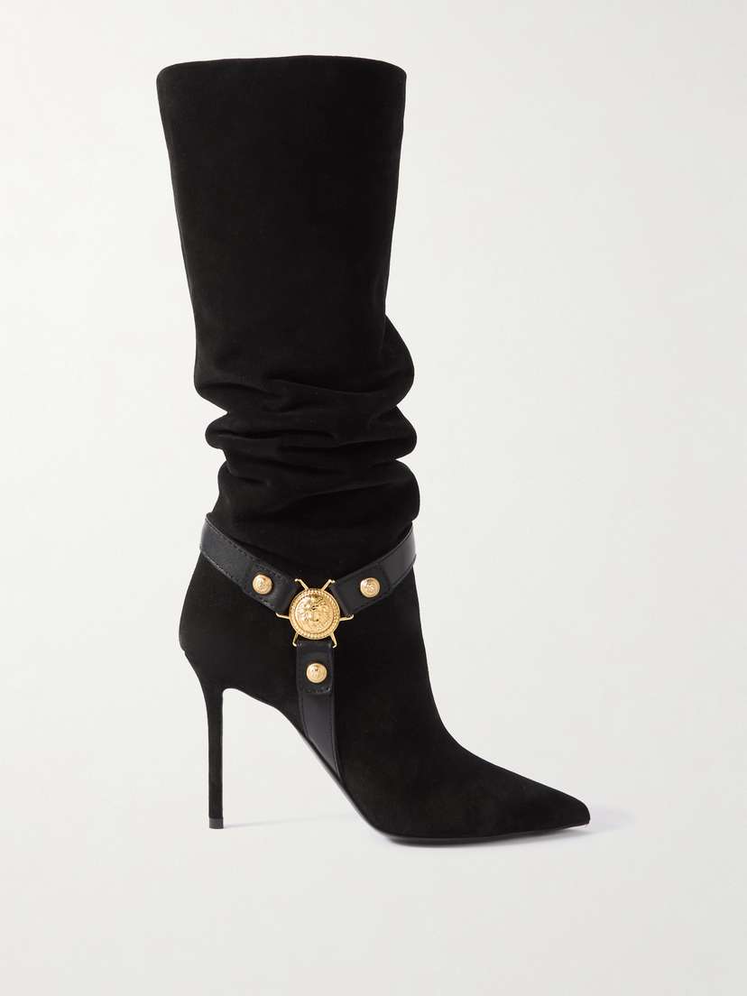 Balmain Eva Embellished Leather-trimmed Suede Knee Boots