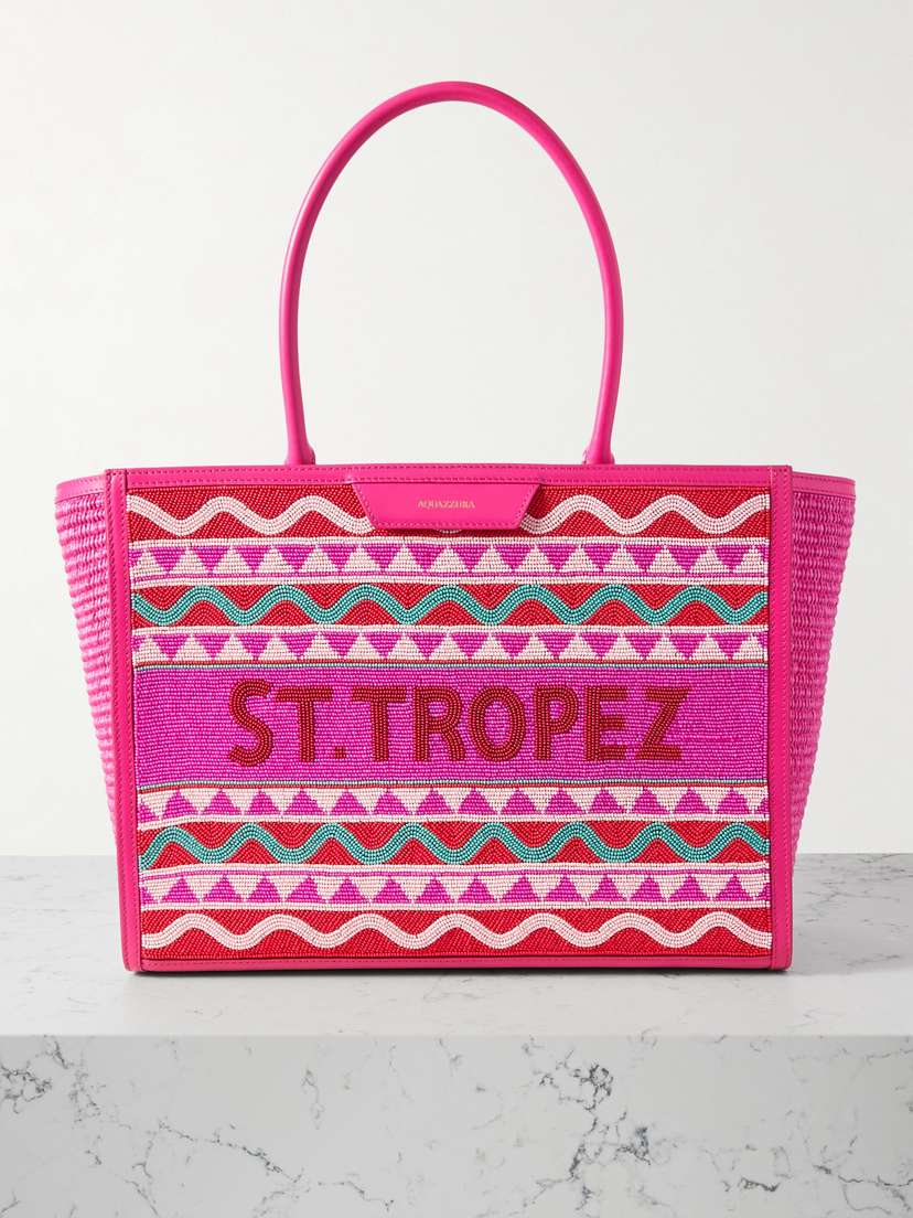 Aquazzura St.tropez Beaded Raffia And Leather Tote