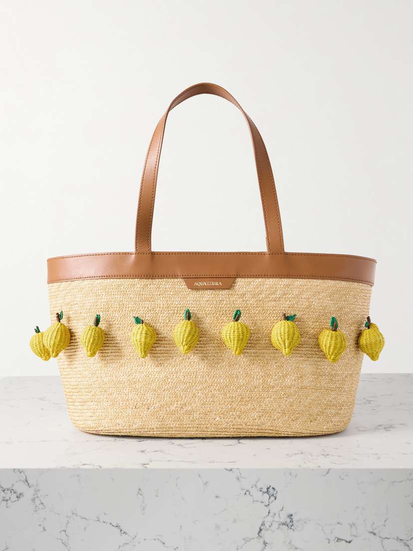 Aquazzura Lemon Leather-trimmed Embellished Raffia Tote