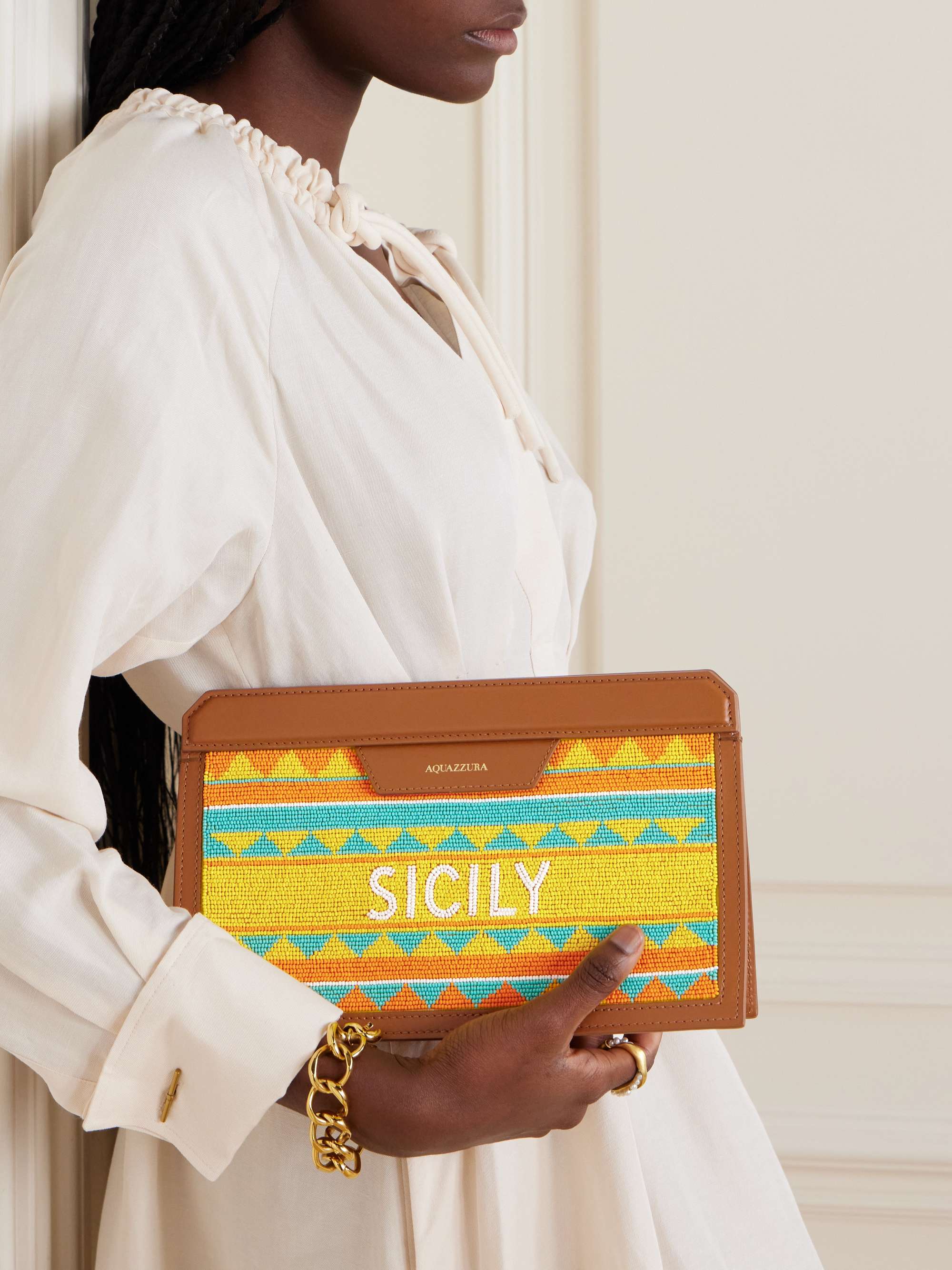 AQUAZZURA Sicily beaded leather clutch | NET-A-PORTER
