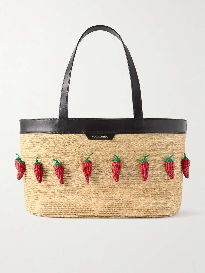 Aquazzura Chilli Leather-trimmed Embellished Raffia Tote