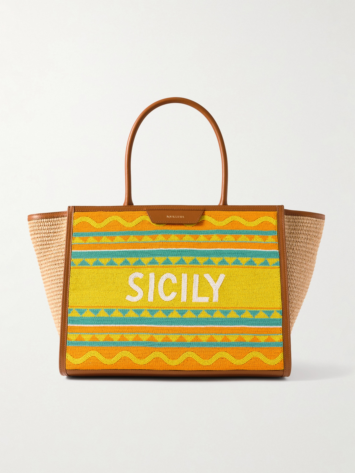 Aquazzura Sicily Leather-trimmed Beaded Raffia Tote In Yellow