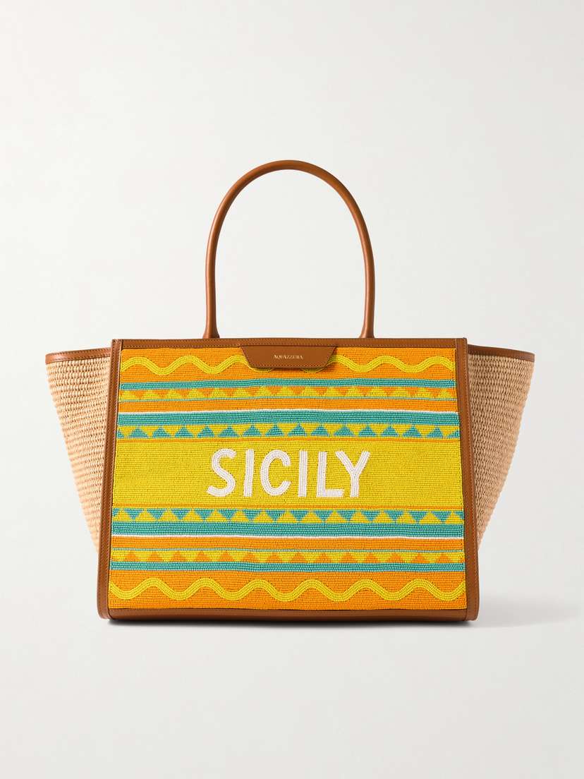 Aquazzura Sicily Leather-trimmed Beaded Raffia Tote