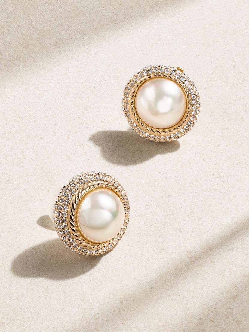 Susan Caplan Vintage Christian Dior Gold-plated, Faux Pearl And Swarovski Crystal Clip Earrings