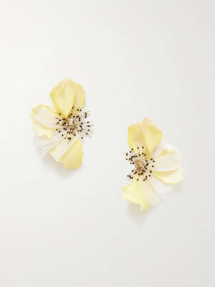 Oscar de la Renta Stretched Petal Chiffon, Crystal And Beaded Earrings -  - One size