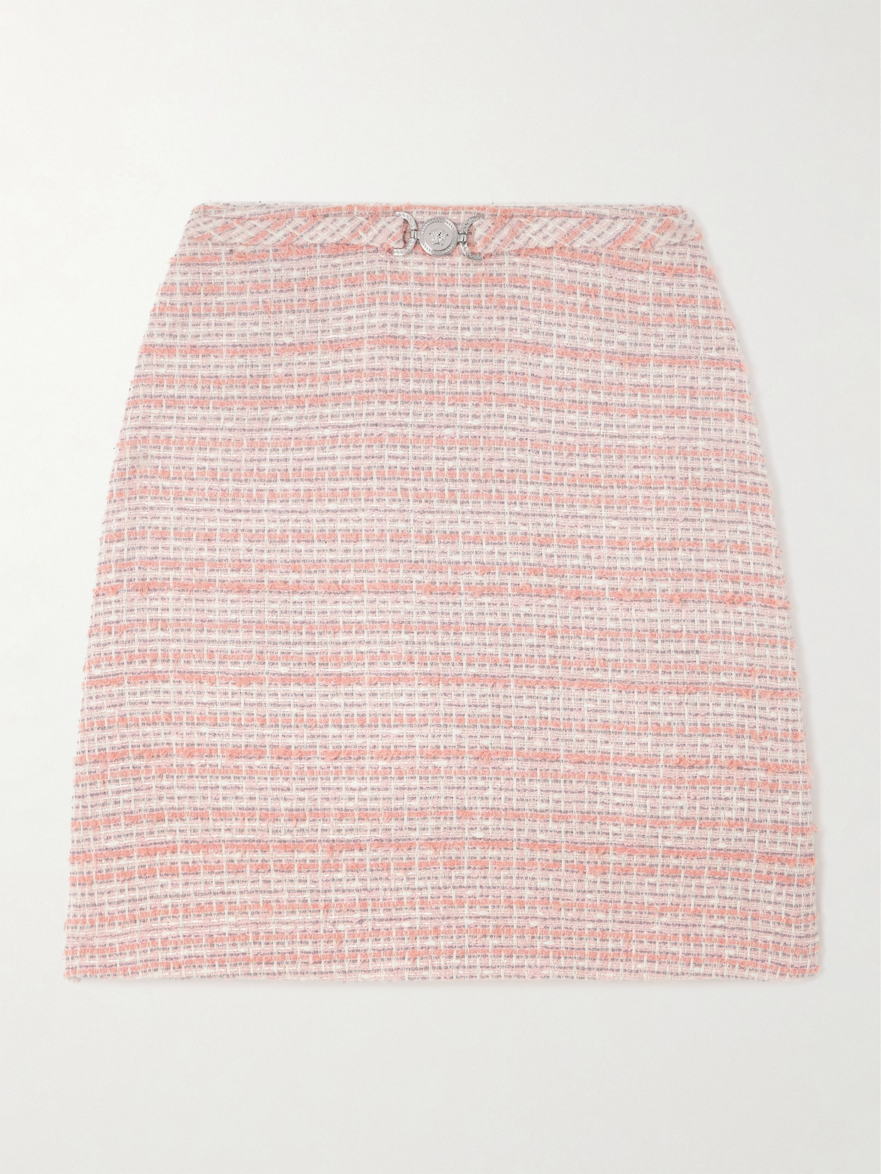 Shop Versace Embellished Cotton-blend Tweed Mini Skirt In Pink