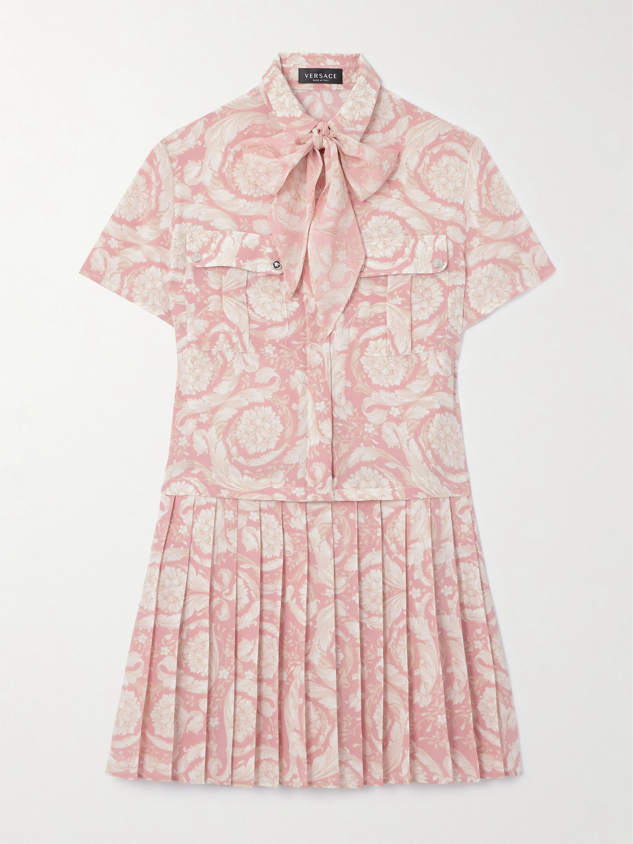 Versace Pussy-bow Pleated Printed Silk-crepe De Chine Mini Dress In Pink