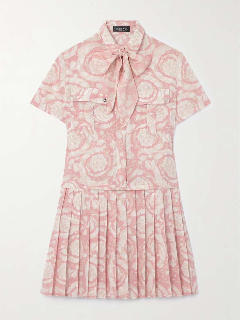 Versace Pussy-bow Pleated Printed Silk-crepe De Chine Mini Dress
