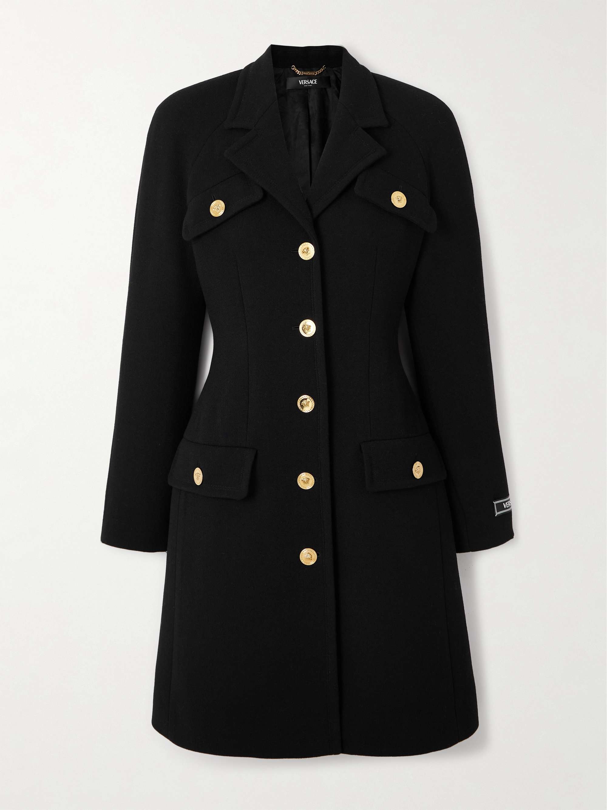 Versace black dress with gold buttons hotsell