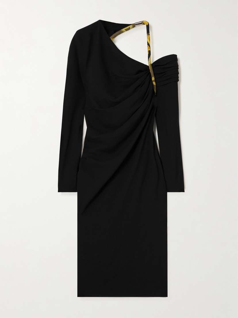 Versace Asymmetric Open-back Draped Printed Silk Twill-trimmed Cady Midi Dress