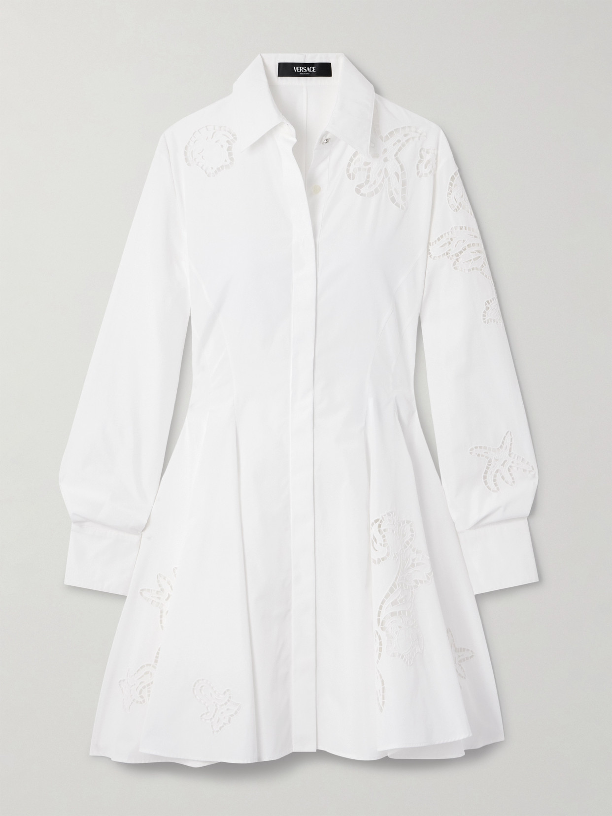 Versace - Pleated Broderie Anglaise Cotton Mini Shirt Dress - White