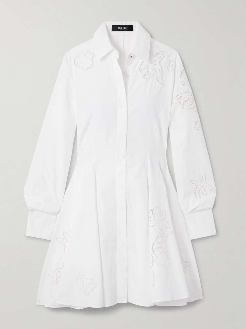 Versace Pleated Broderie Anglaise Cotton Mini Shirt Dress