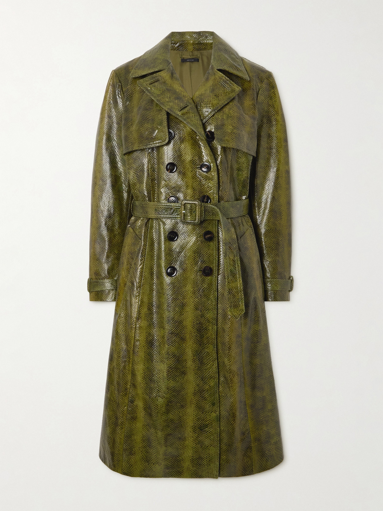 Tom Ford Ayers Snakeskin-print Belted Goat Leather Trench Coat In Green
